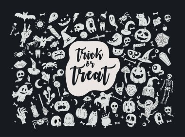 Cadılar Bayramı tebrik kartı ve afişi için vektör ikonu ve element koleksiyonu, parti işareti. İşaretli ve sembollü tasvir et. Düz tasarım çizgi film