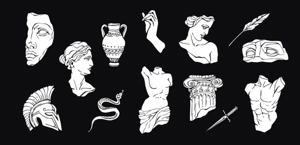 Ensemble de statues en marbre antique avec des éléments cassés. Grec classique antique de Vénus, amphore. Tatouage moderne et logo. Vecteur tendance mythique dessiné à la main — Image vectorielle