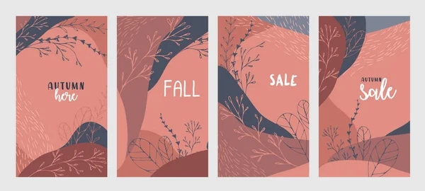 Soyut sonbahar arkaplanı seti tebrik kartları ve davetiyeler. Yapraklar ve elementler çizilmiş sonbahar el pankartları — Stok Vektör