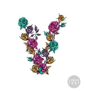 Vektör renkli çiçek yazı tipi. Harf V