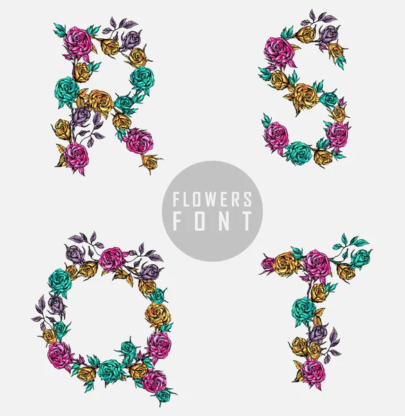 Fuente vectorial de flores de colores. Letras R, S, Q, T . — Vector de stock