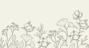 Autumn background or card template with seasonal brunch of plants and fall leaves. Delicate and elegant botanical elements for Hello autumn designs. Line illustration