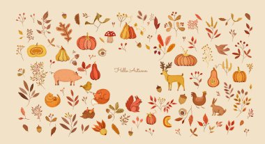 Autumn collection of cute colorful pumpkins and botanical elements, farm and forest animals, fall leaves from different trees. Cozy seasonal design elements and doodle