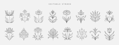 Basit geometrik dallar ve çiçekler. Dalgalı ve klasik tarzda botanik tasarım elementleri. Logo, sosyal medya veya ambalaj ve tebrik kartı için yapraklar ve şubeler