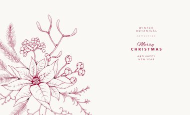 Noel resimlerini kış bitkileri ve geleneksel yeni yıl süslemeleri ile karşılıyoruz. El çizimi botanik kabartma tasarım unsurları içeren tatil kartı veya davet