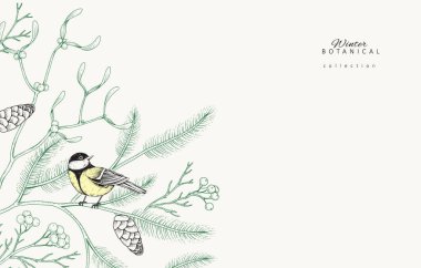İçinde kışlık bitkiler, ladin ve kuşlar olan Noel tebrik kartı. Yeni yıl süslemeleri. El çizimi botanik kabartma tasarımı olan tatil kartı veya davet