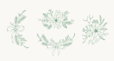 Noel tebrik çelenkleri, çerçeve ve vignette ile kış bitkileri ve Noel kartı veya davetiyesi için geleneksel yeni yıl süslemeleri. Kabartma tasarım elementleriyle botanik seti