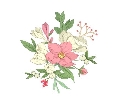 Botanik seti renkli çiçekler ve brunch. Düğün davetiyesi, duvar kâğıdı sanatı ya da tarih kartı için lüks bir çiçek koleksiyonu. Botanik vektör illüstrasyonu