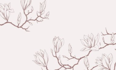 Manolya çiçek açıyor. Çiçekler ve brunch ile bahar arkaplanı. Sevgililer Günü davetiyesi için detaylı botanik çiçek koleksiyonu. Duvar kâğıdı sanatı ya da tarih kartını kaydet.