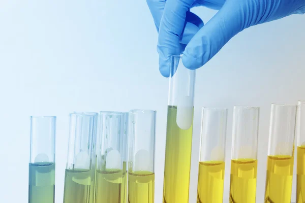 Химик держит образец жидкости в лаборатории или лаборатории — стоковое фото