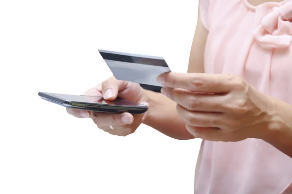 Donna shopping con carta di credito su sfondo bianco — Foto Stock