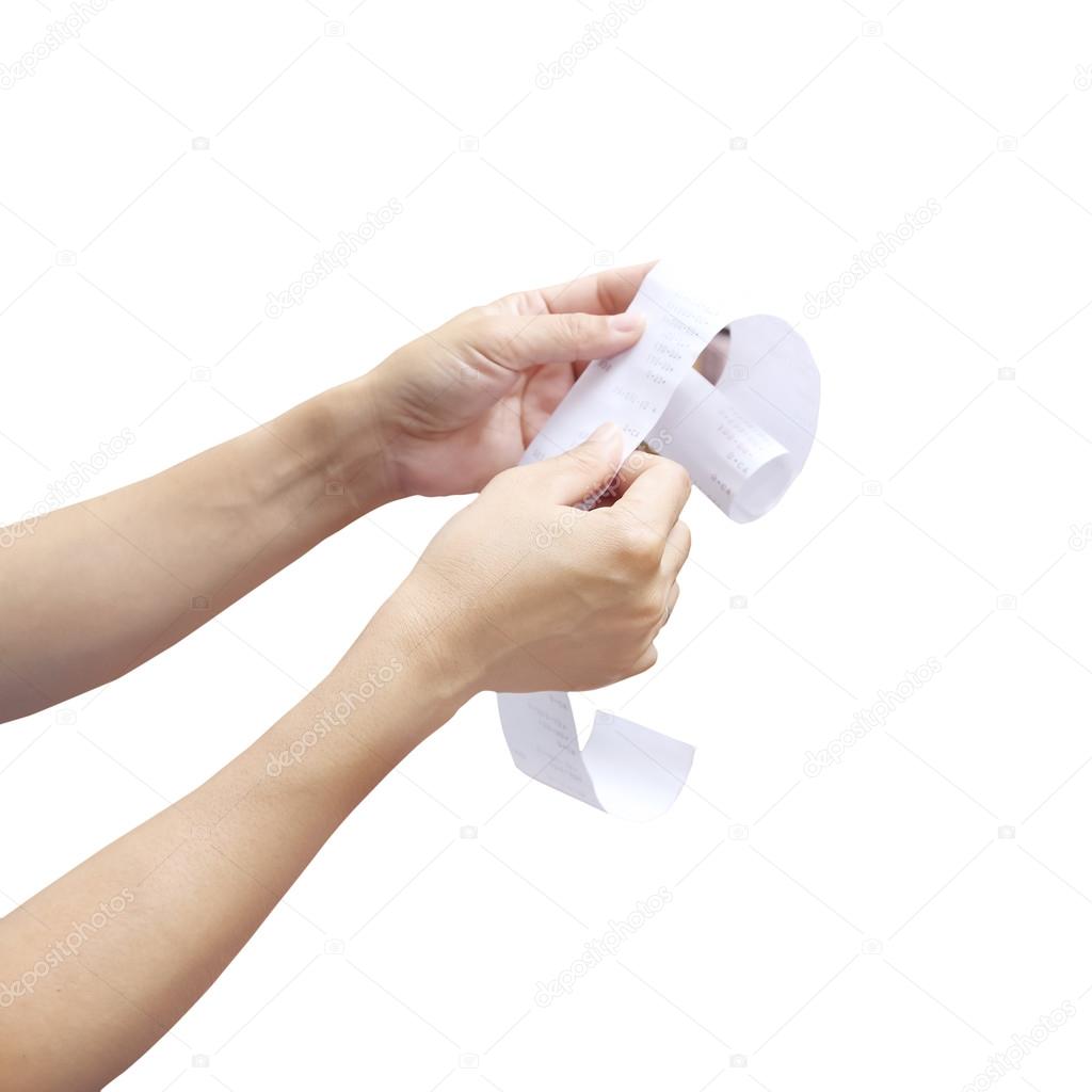hand of woman checking a long  receipt
