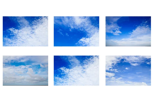 Set di fantastiche nuvole bianche morbide contro il cielo blu — Foto Stock