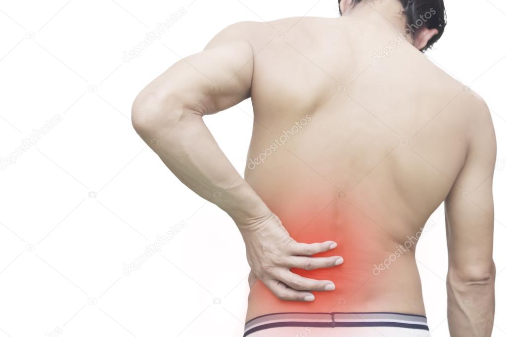 man with back pain, isolated in white background