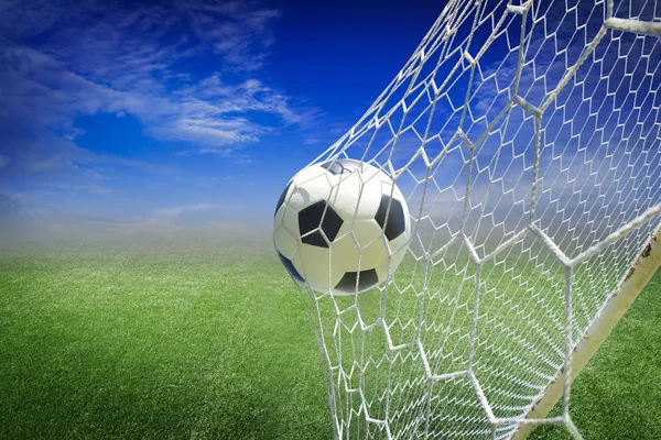 Soccer ball in goal — Stock Photo, Image