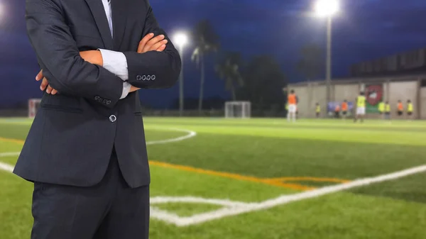 Football Manager Con Campo Calcio Riflettori Luminosi — Foto Stock