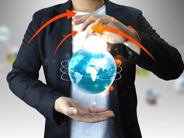 Businessman holding globe, connected — Stock Photo, Image