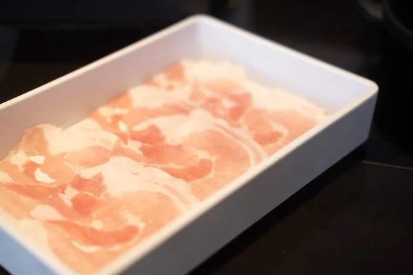 Sliders Porco Fino Com Linhas Gordura Empilhadas Bandeja Branca Restaurante — Fotografia de Stock