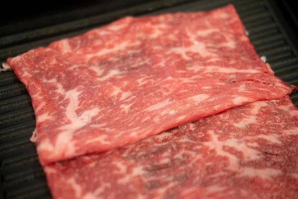 Fresh Beef Raw Sliced Marbled Texture Served Black Tray Sukiyaki — Stock Photo, Image