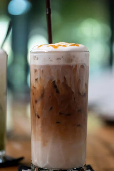 Iced Caramel Macchiato Coffee Milk Cream Top High Glass — Stock Photo, Image