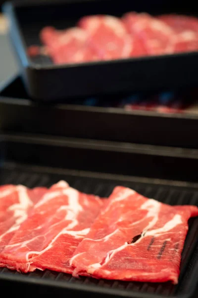 Fresh Sliced Meat Shabu Shabu Japanese Hot Pot Black Tray — Stock Photo, Image