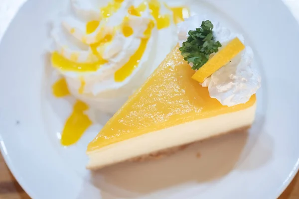 Piece Lemon Cheesecake Whip Cream White Plate — Stock Photo, Image