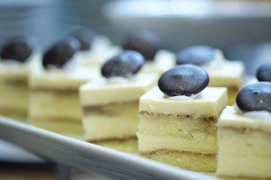 Tiramisu kekini sergi tepsisine koy. Seçici odak