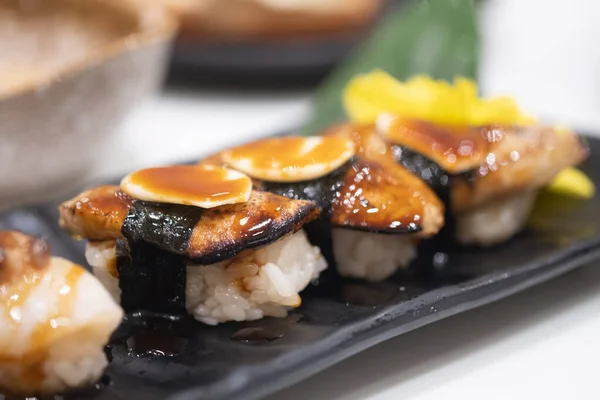 Foie Gras Sushi Grătar Mâncare Stil Japonez Focalizare Selectivă — Fotografie, imagine de stoc