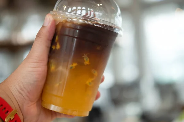 Iced Sinaasappelsap Passievrucht Mengen Zwarte Koude Koffie Hand Fusiekoffie Zomerdrank — Stockfoto