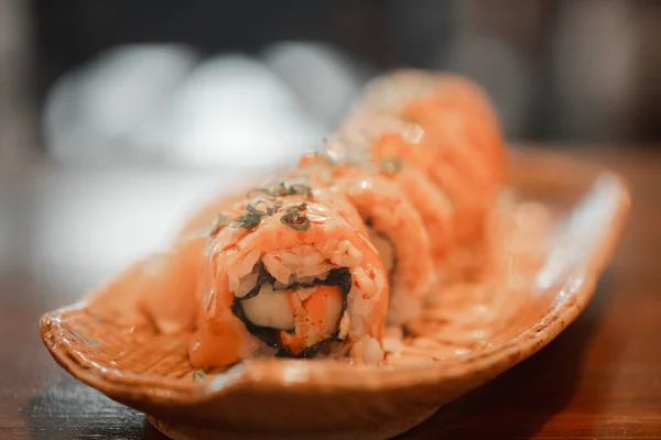 Traditional Delicious Fresh Salmon Sushi Roll Set Selective Focus — Stock Photo, Image