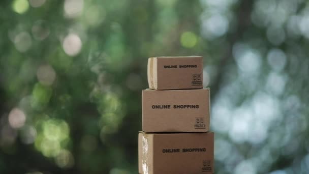 堆栈纸板箱与文字的网上购物发送给客户和客户取货 从网上购物订单 网上购物或电子商务概念 — 图库视频影像