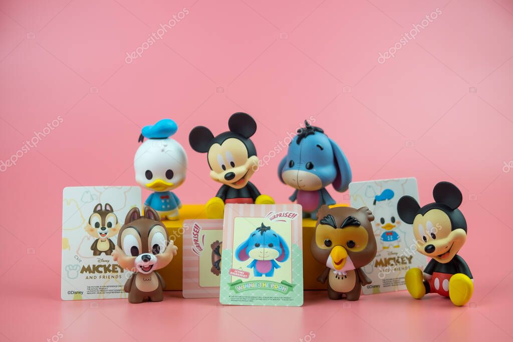 Bangkok, Thailand - April 10, 2021 : Cute figurine of new blind box 4 collection from Miniso All. 4 collections have a total of 32 piece sell start in Thailand on 9 April 2021 at Miniso shop.