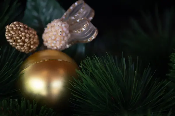 Noel Ağacı Dalında Noel Altın Balosu Seçici Odak — Stok fotoğraf