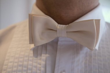 Krem rengi papyonlu adam. Damat düğün töreninden önce hazırlanıyor. Erkek modası. Seçici odak