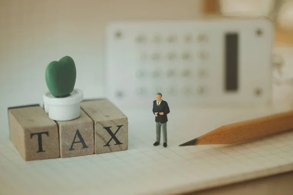 Persone Miniatura Con Parola Tax Realizzato Con Mattoni Legno Pagare — Foto Stock