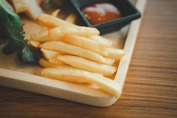 French Fries Served Ketchup Wood Tray Cafe — Stock Photo, Image