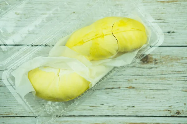Zamknij Durian Owoców Ostrym Kory Mięsa Słodki Żółty Kolor Przezroczystym — Zdjęcie stockowe