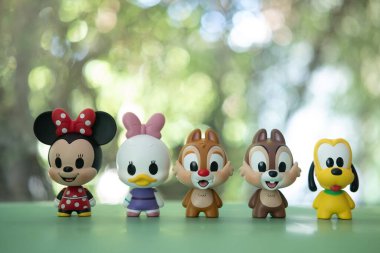 Samut Prakan, Thailand - May 22, 2021 : Blind Box of cute figurine mickey mouse family figure inside is 10 tousles types random from Miniso shop sell in Thailand