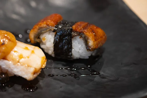 Smoked Eel Sushi Black Dish Japanese Food Selective Focus — Stok fotoğraf