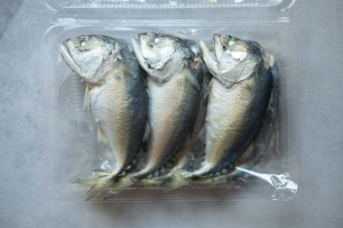 Tayland 'da taze bir markette satılan bir kutuda taze uskumru..