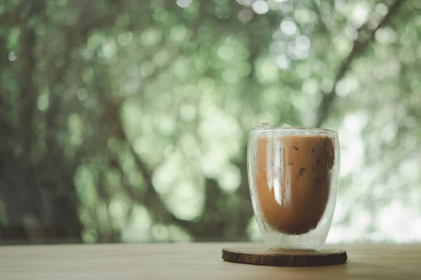 Iced Mocha Coffee Double Walled Glass Wood Table — Stock Photo, Image