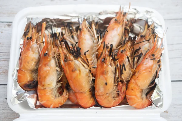 View Thai Grilled Prawns Shrimps Shell Placed Foam Box Wrap — Stock Photo, Image