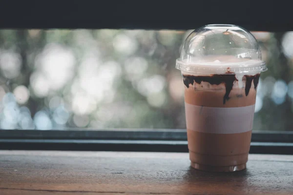 Iced Coffee Milk Cream Chocolate Sauce Take Away Glass Wood — Stock Photo, Image