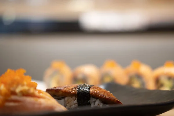 Foie Gras Sushi Învelit Alge Focalizare Selectivă — Fotografie, imagine de stoc