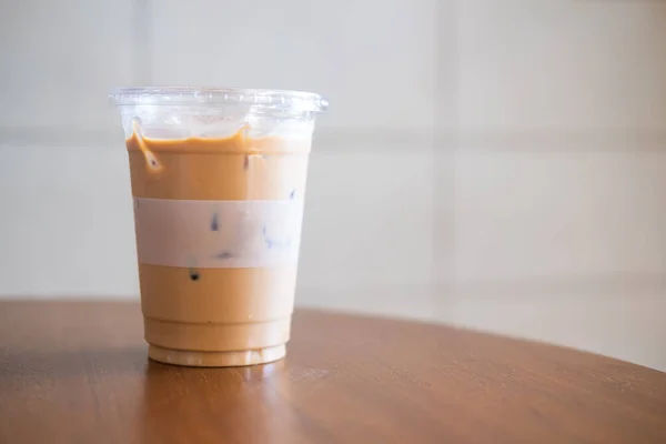 Iced Latte Plastic Glass Wood Table — Stock Photo, Image