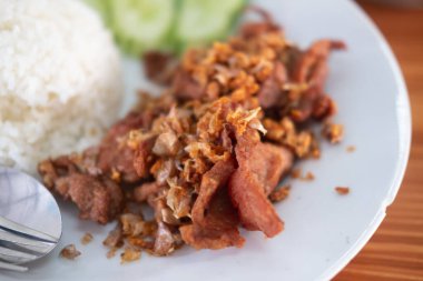 Sarımsaklı kızarmış domuz eti, pirinçli biber. Kolay Tayland yemeği. Asya Yemekleri