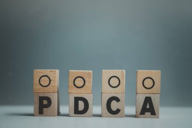 Ahşap küp bloğuna ve tahta kutuya PDCA yazdırılmış ekran. Plan konsepti 