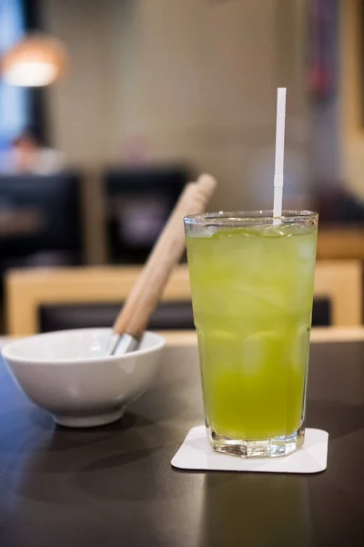 Iced Green Tea Straw Wood Table Restaurant — Stock Photo, Image