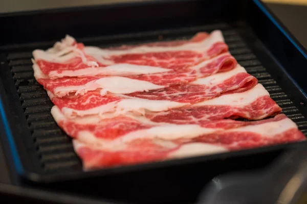 Thin Sliced Beef Black Tray Prepare Sukiyaki Close — Stock Photo, Image