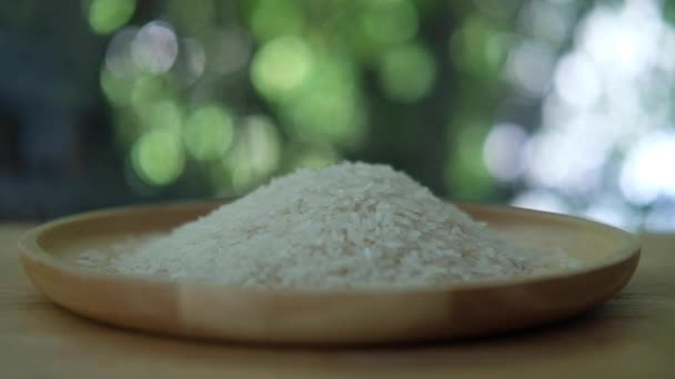 Panning Shot Raw Thai Jasmine Rice Wood Dish — Stock Video